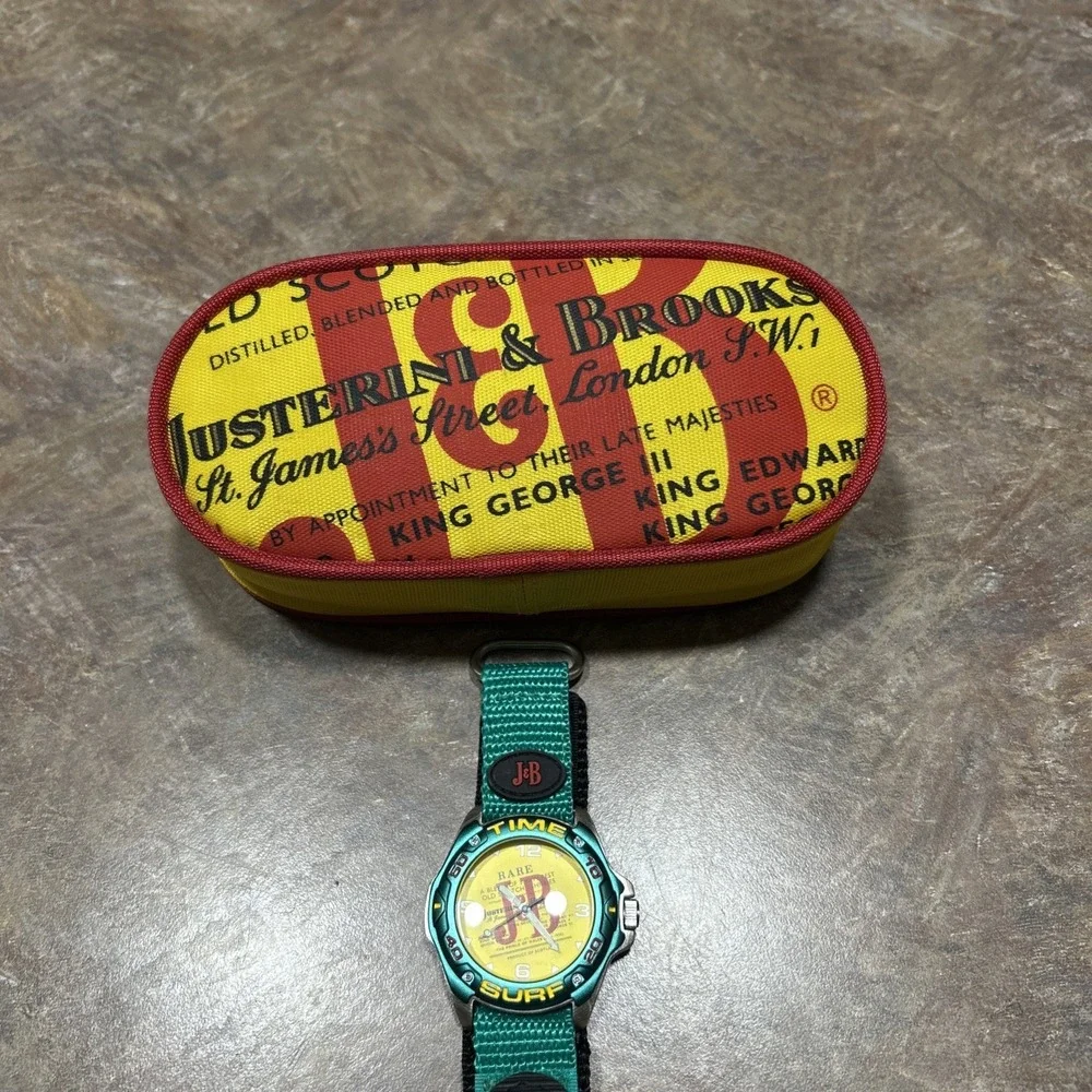 Vintage J&B Rare Scotch Whisky Time Surf Watch Teal Yellow Retro Sport Case